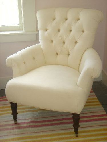 pair of white Annie Selke tufted Victorian armchairs