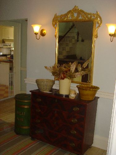 wonderful Continental gilt mirror, paint decorated chest, tole wheat bin
