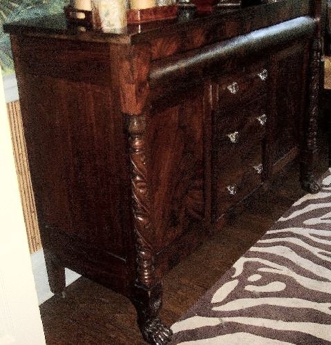 American mahogany Empire sideboard with acanthus leaf carving and hairy paw foot