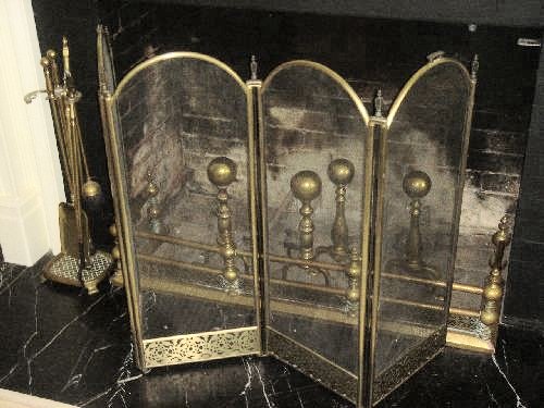 brass fireplace andirons, fenders, tool and screens